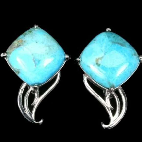 Unheated Cushion Turquoise White Gold on 925 Sterling Silver Earrings - Picture 1 of 3